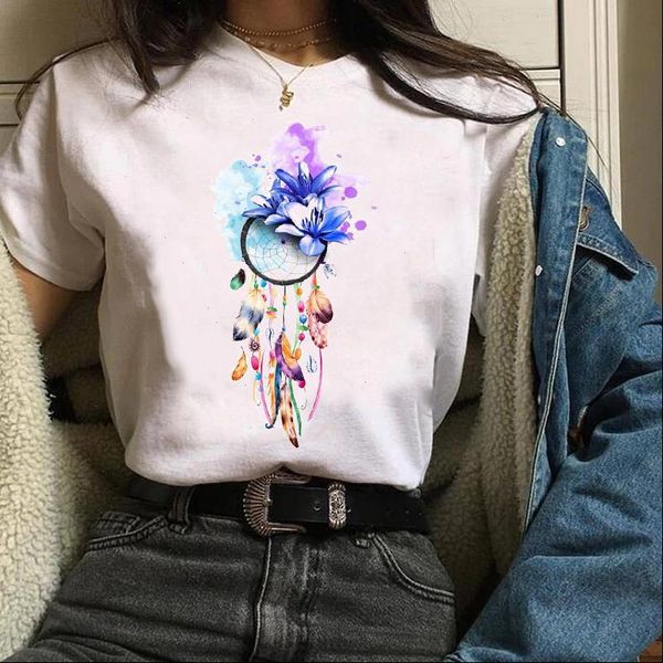 

women t shirt womens graphic watercolor dream web floral mujer camisetas casaul print clothes lady tees female t shirt, White