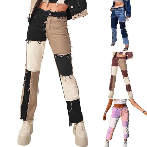 

women's jeans fashion patchwork skinny straight women 2021 high waist pockets color block ladies trousers denim pants #t1g, Blue