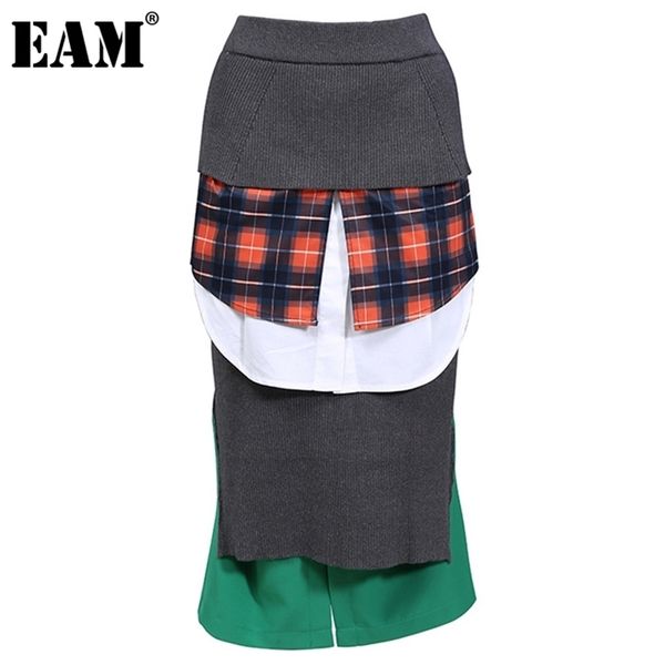 

[eam] high elastic waist gray irregular plaid knitting vent half-body skirt women fashion tide new spring autumn 1dd0719 210311, Black