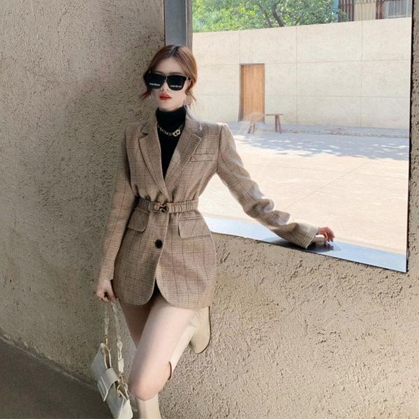 

women's wool & blends retro plaid woolen suit coat for women 2021 autumn / winter style loose waistband showing thin trend, Black
