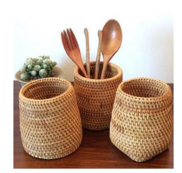

rattan chopsticks tube shovel spoons bucket dinner knives forks tableware storage box home storage baskets organizer storage bucket