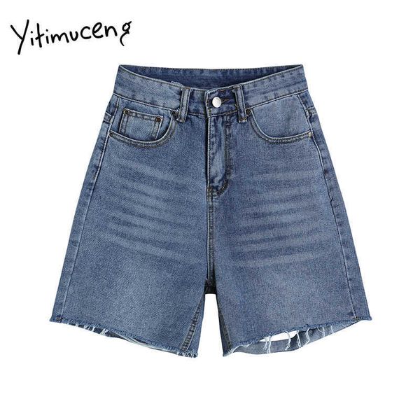 Yitimuceng Womens Denim shorts buraco borla solto casual jean rasgado alta cintura cintura verão azul moda rua streetwear 210601