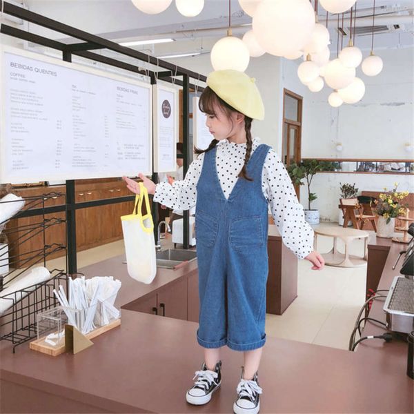 

girls' pants with one-piece diagonal pocket jeans and suspenders 21 autumn new children's wear 3-8 years old, Blue