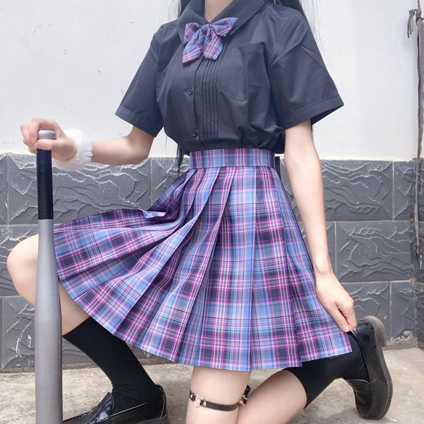 

women purple black gothic pleated plaid skirt summer high waist korean harajuku japanese cute mini a-line skirts jk cosplay 210305