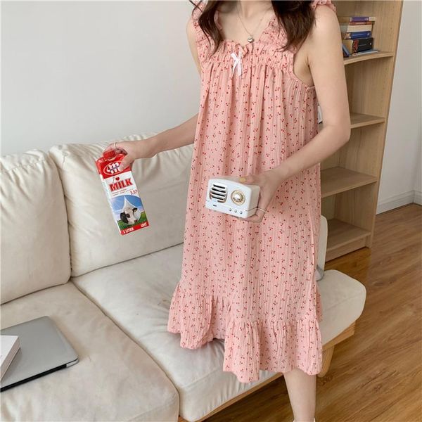 

women's sleepwear summer spaghetti strap nightgowns women nightdress cherry print crepe cotton sleeveless homedress sweet loose y568, Black;red