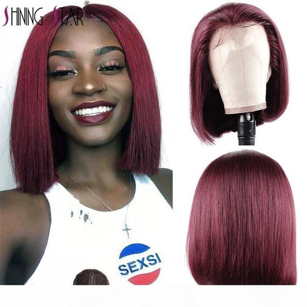 

shining star 13*1 transparent lace wigs 99j red burgundy 150% pre-plucked remy human hair wig straight short bob brazilian remy, Black;brown