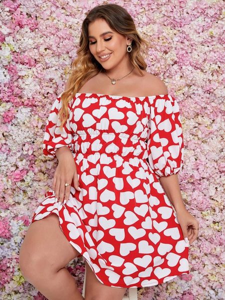 

plus allover heart print off shoulder puff sleeve dress r9kg#, Black