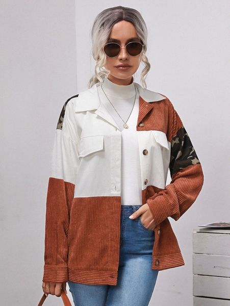 

camo print colorblock drop shoulder jacket v1ob#, Black;brown