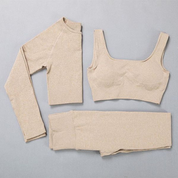 

3 piece women leggings sets ribbed seamless yoga sets women gym clothes sports suit sportswear long sleeve pink gym set, White;red