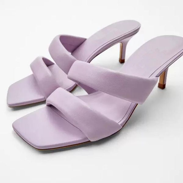 

slippers shoes woman 2021 thin heels beige heeled sandals square toe female black high pu microfiber rubber slip-on la