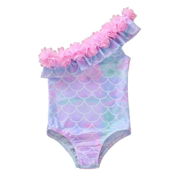 

one-pieces 2021 cute girl fish scale print swimsuit floral ruffles summer swimwear rainbow one shoulder swimming costume baby kids clothes, Black