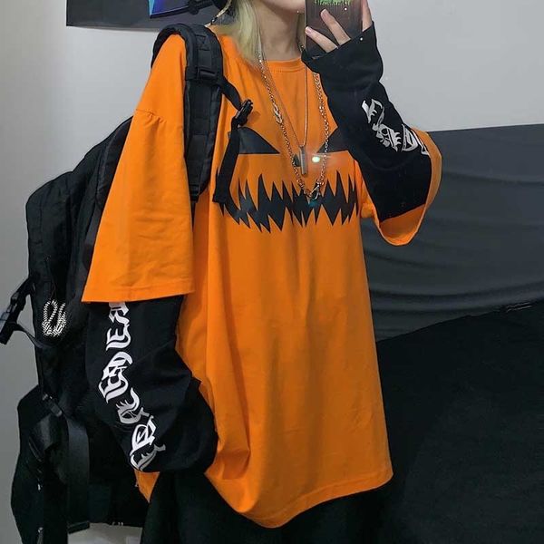 

nicemix harajuku pumpkin print letter t shirt fake 2 pieces patchwork casual long sleeve t-shirt women and men streetwear 210309, White