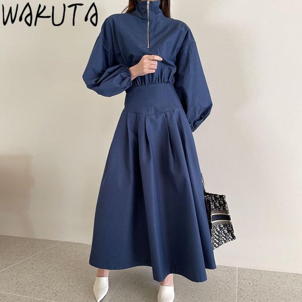 

casual dresses wakuta zipper stand neck long dress women 2021 korean fashion solid color streetwear slim waist elegant vestidos 9f830, Black;gray