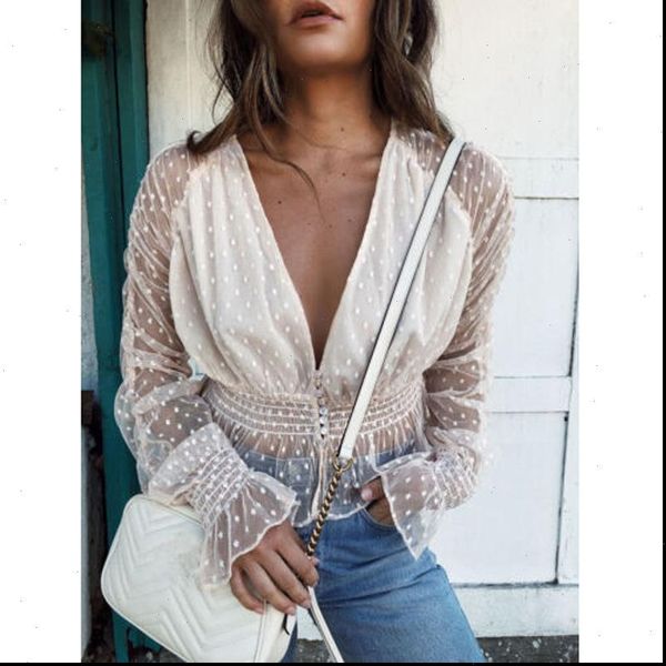 

women lace blouses puff long sleeves polka dot ladies casual loose party see v neck blouse femme, White