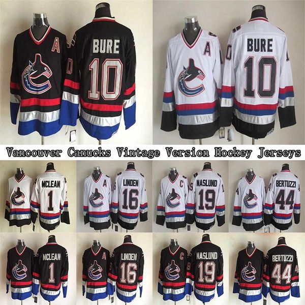 

vancouver canucks ccm vintage jerseys 10 bure 1 mclean 16 linden 19 naslund 44 bertuzzi hockey jersey, Black;red