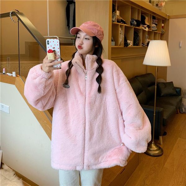 

women's jackets ins sweet net red plush jacket female winter 2021 korean version oversized loose wild thick warm pure color tide coat, Black;brown