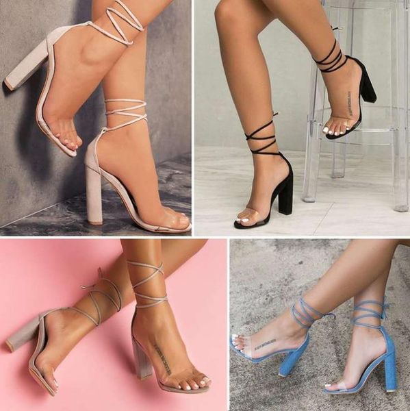 

sandals summer women high heel lace up bandage pumps transparent high-heeled lady fashion casual shoes black outdoor