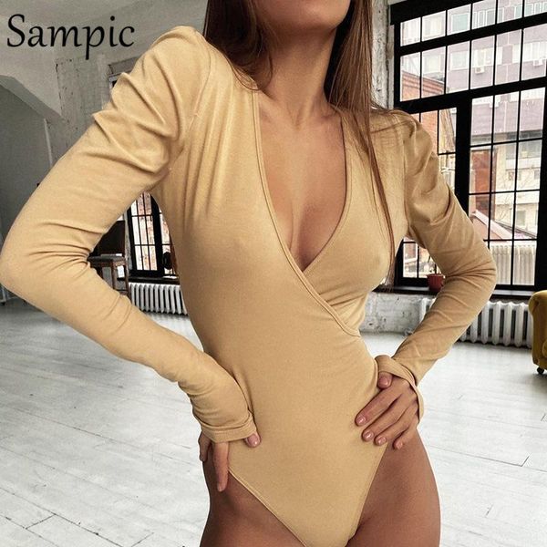 

women's jumpsuits & rompers sampic club v neck long puff sleeve skinny bodysuit women black apricot body 2021 short bodycon romper, Black;white