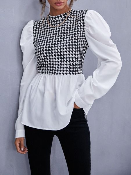 

houndstooth gigot sleeve peplum x0hc#, White
