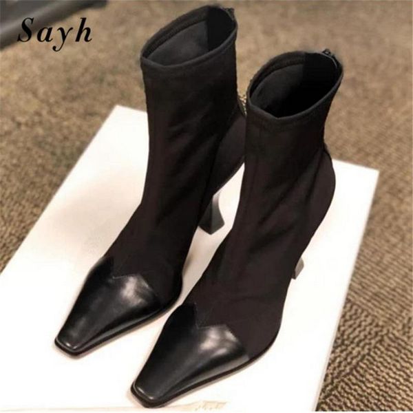 

boots fashion women ankle high heel pointy toe patchwork punk winter stretch shoes sock bootie, Black