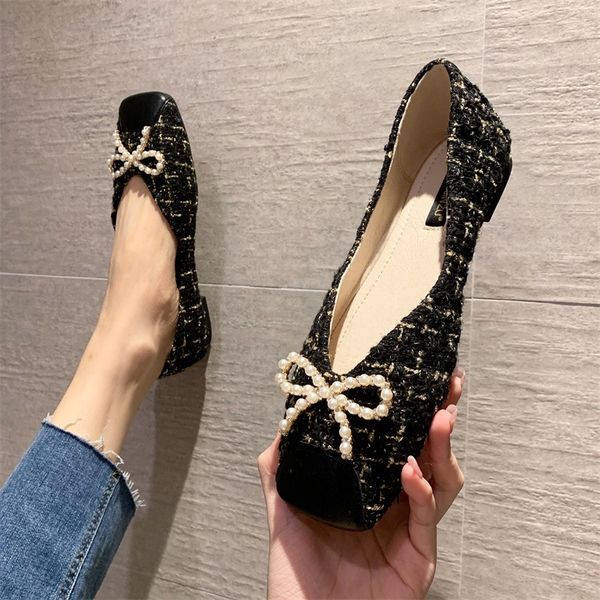 

autumn doudou shoes women's head low heel shallow mouth women's shoes small pearl bow single shoes, Black