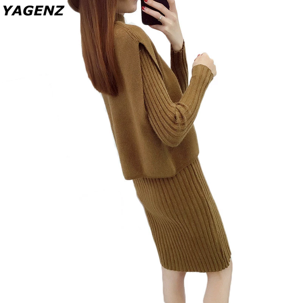 

two piece dress 2021 autumn winter fashion women turtleneck sweater suits 2 sets knitted casual, White