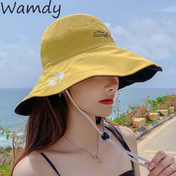 

wide brim hats spring women bucket foldable hat fishing sunscreen sun cap little daisies double-sided wear fisherman, Blue;gray