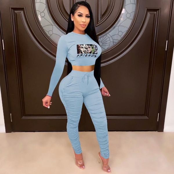 

women's two piece pants active wear workout sport suit set cartoon print long sleeve bandage crop high waist stacked trousers, White