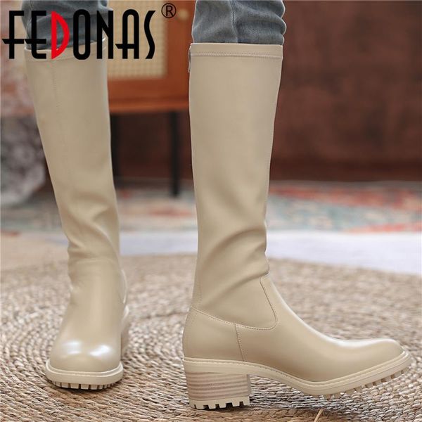 

boots fedonas party casual classic concise women knee high autumn winter splicing genuine leather thick heels shoes woman pumps, Black
