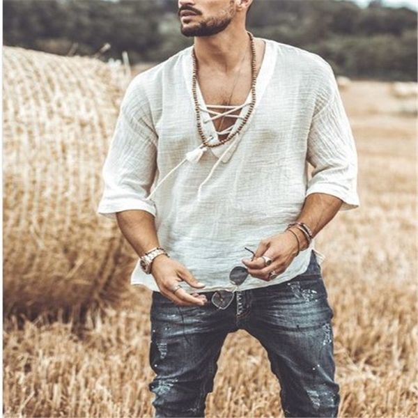 

men's fashion hippie shirt casual middle sleeve v neck summer beach loose tee, White;black