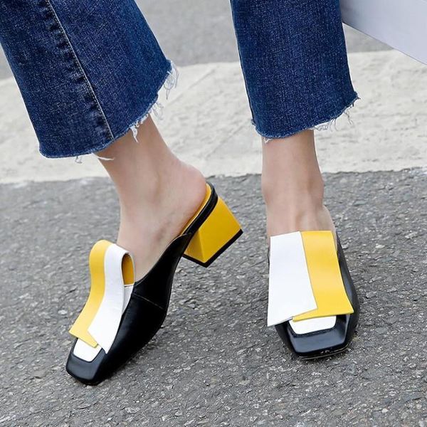 

dress shoes us4-11 womens square toe match colors slipper slingback chunky high heel pu leather pumps baotou mules plus size c434, Black
