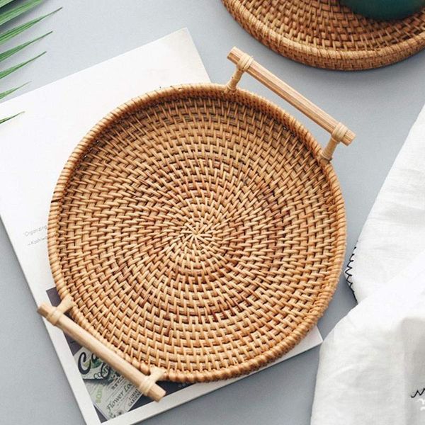 Vassoio portaoggetti in rattan Cesto rotondo con manico Vassoio in rattan intrecciato a mano Cesto in vimini Pane Frutta Cibo Colazione Display L con spedizione veloce