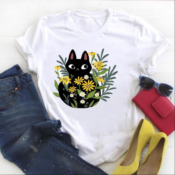 

women cat pet floral cartoon kawaii flower print ladies summer t tee female shirt clothes tshirt womens graphic t shirt, White