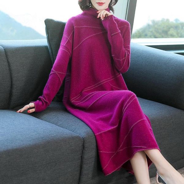 

casual dresses women 2021 autumn winter loose turtleneck sweater dress female striped knitted mid-calf ladies elegant empire p154, Black;gray