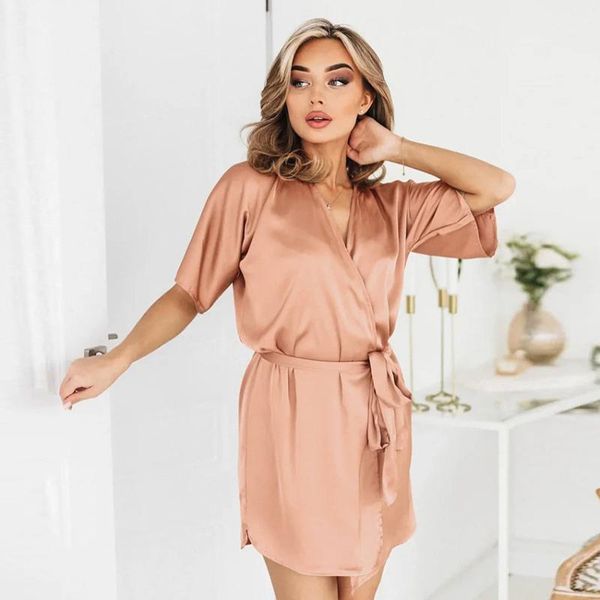 

women's sleepwear hiloc drop sleeve mini robes women short bathrobes champagne nightwear lace up bathrobe female faux silk pijama, Black;red