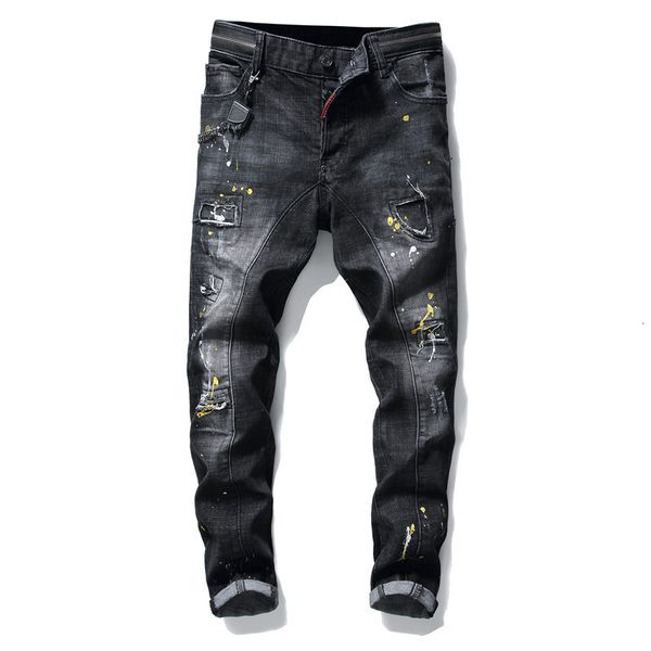 

2021 new men's male trousers personalized iron chain beggar patch hole stitching rivet splash ink paint stretch jeans denim pants ymew, Blue