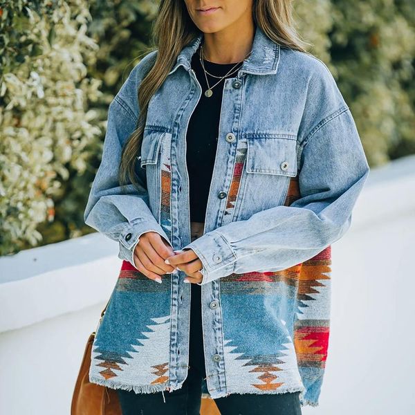 

women's jackets women loose casual denim jacket female long sleeve black trim coat with pockets fashion pocket plus size clothing, Black;brown