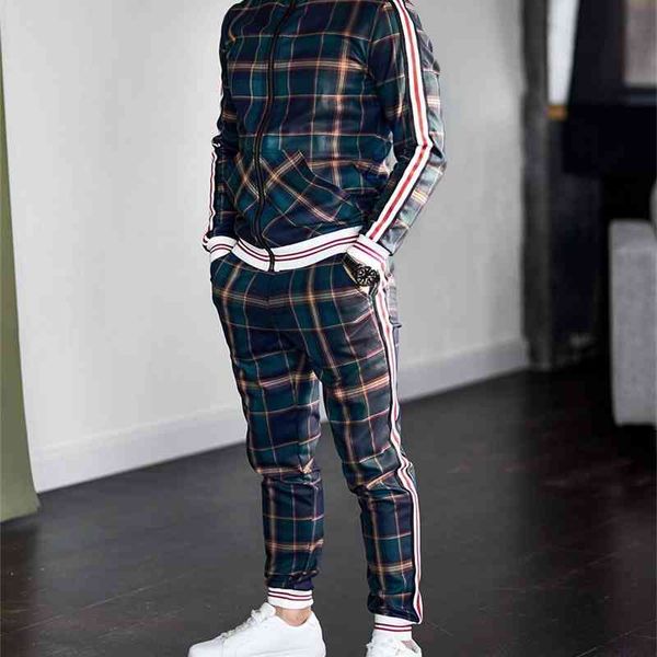 

spring autumn fashion plaid tracksuit casual two piece set sports suit men's clothing men sets, Gray