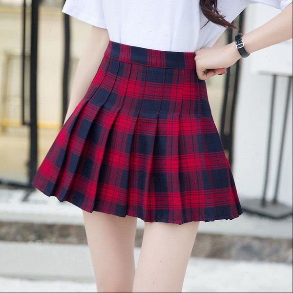 

summer high waist plaid skirt women harajuku fashion a line pleated skirt student safety lining above knee girls mini skirt, Black
