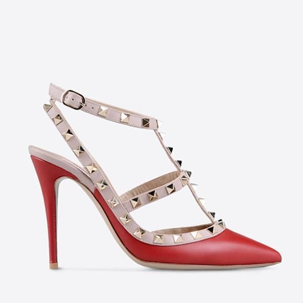 

designer pointed toe 2-strap with studs high heels matte leather rivets sandals women studded strappy dress shoes valentine high heel shoes, Black