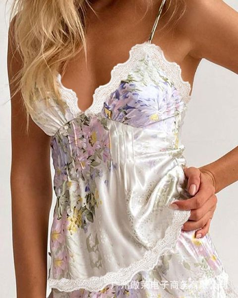 

women's tracksuits 2021 autumn suspender printed splicing lace set, Gray