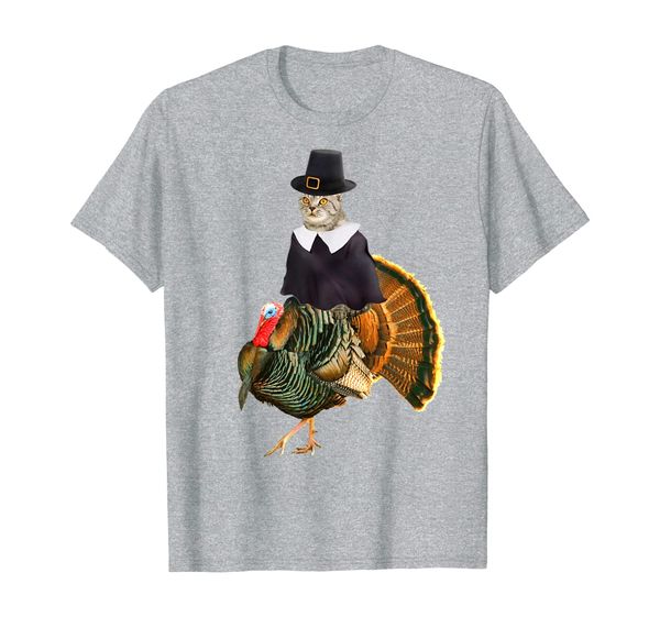 

cat pilgrim costume riding turkey funny cat thanksgiving t-shirt, White;black