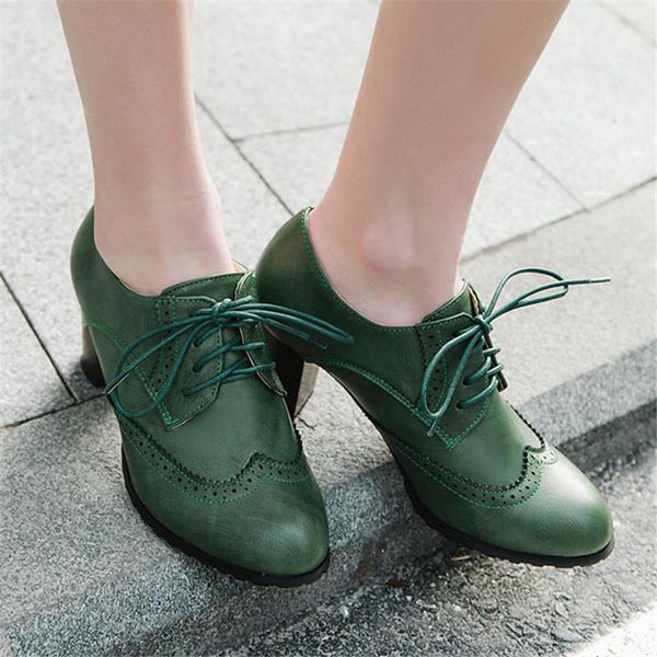 

dress shoes ladies lace-up cut out breathable low round toe pumps retro mujer zapatos green black gray brown43 42