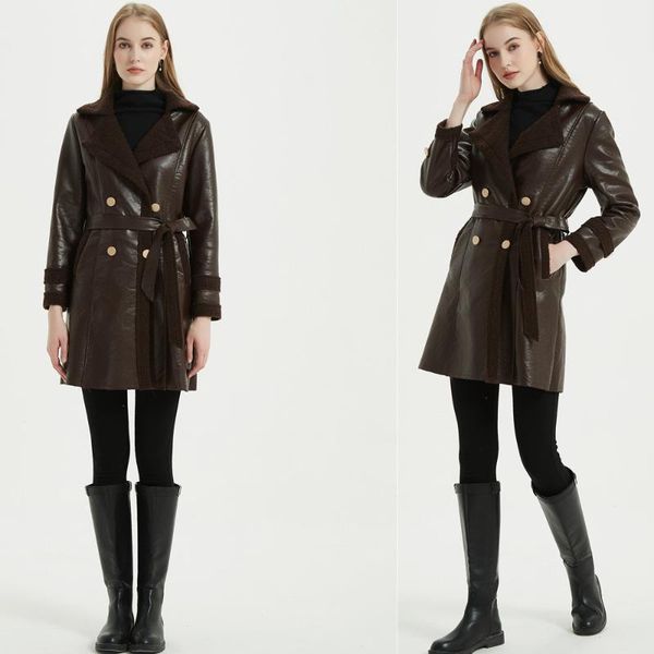 

women's leather & faux autumn and winter pu coat mid length belt button lamb wool stitching fashion women clothing, Black