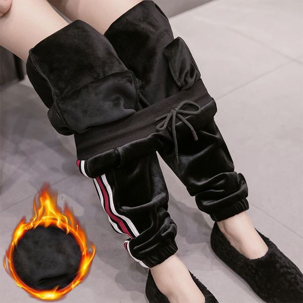 

2021 new women winter sheep fur women's warm cashmere casual lining wool fine autumn pants striped sweatpants 9t71, Black;white