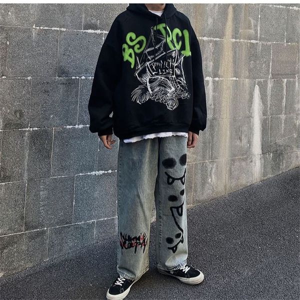 

2021 new moda rock dos homens hip hop tubo reto solto vintage lavado brim streetwear mlaes legal calas de outono 5www, Blue