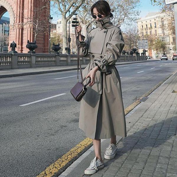 

women's trench coats long coat ladies double breasted slim female outwear windbreaker casual street all-match clothing xxl, Tan;black