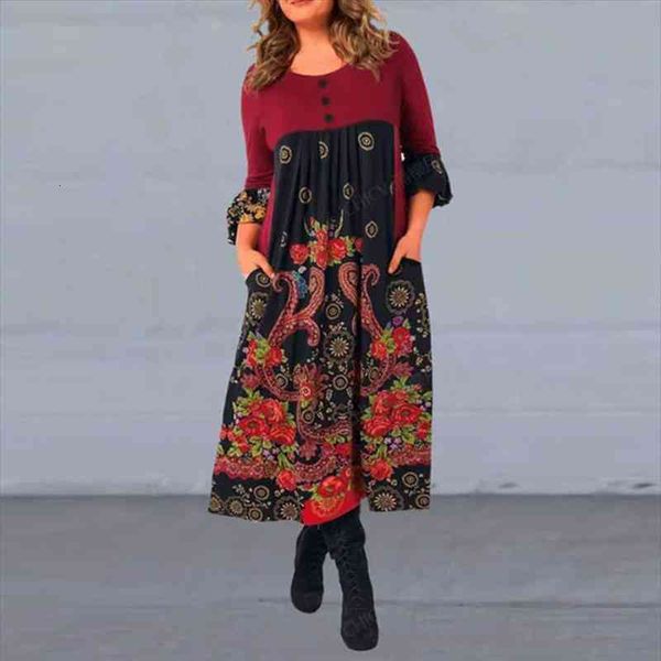 

casual party elegant autumn women dress o neck loose fashion pattern patchwork print vestdios lady maxi, Black;gray