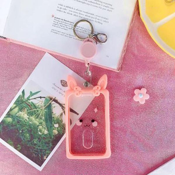 

card holders transparent women cute keychain badge id case silicone ear retractable girl student holder pass cover fashion, Brown;gray