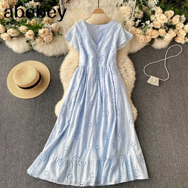 

women korean ruffles dress puff sleeve v neck sashes solid a-line dresses summer bohemian hollow vacation midi dress 210715, Black;gray